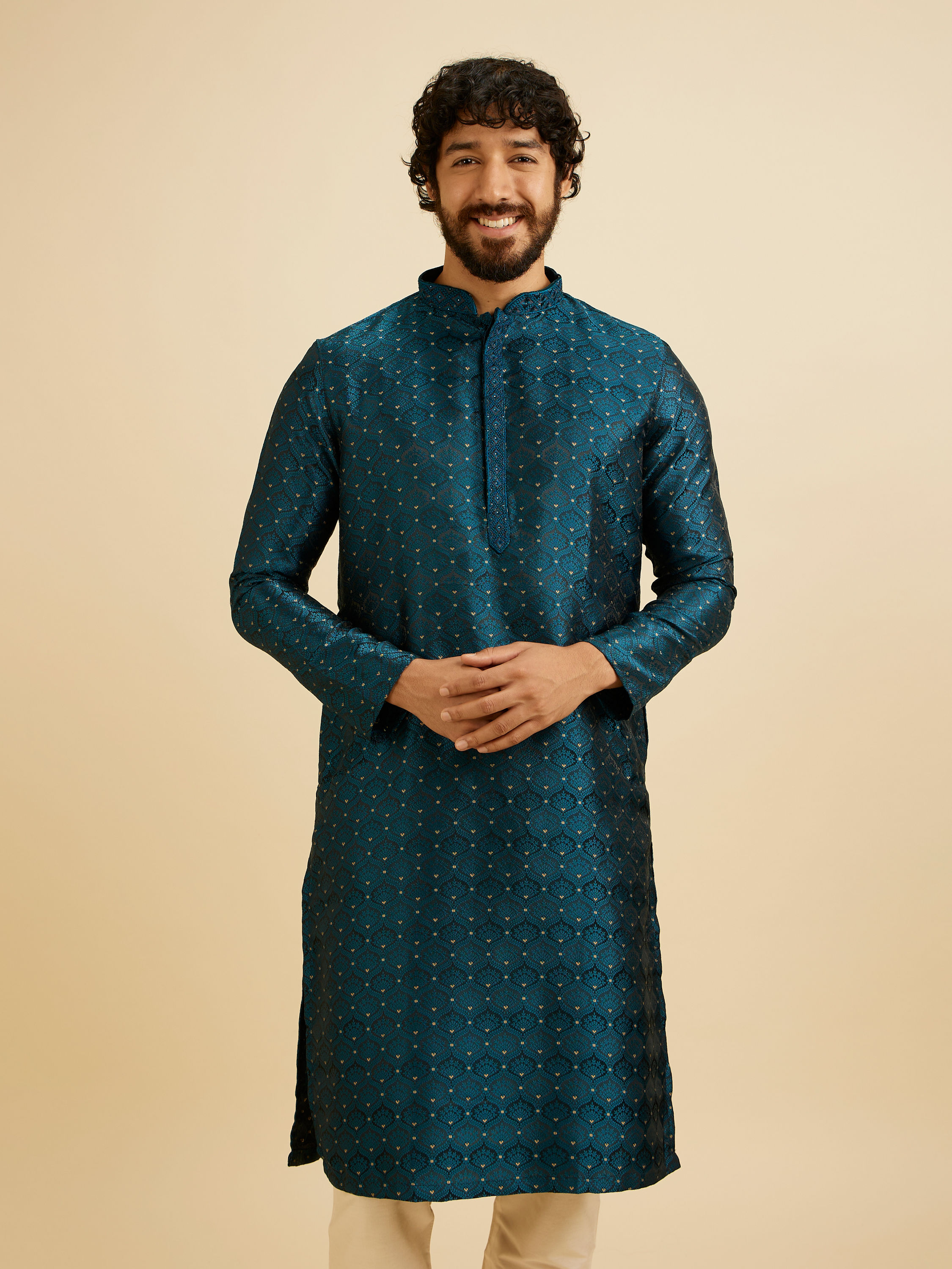 Manyavar Men Teal Blue Jaal Patterned Kurta Set with Floral Buta Motifs