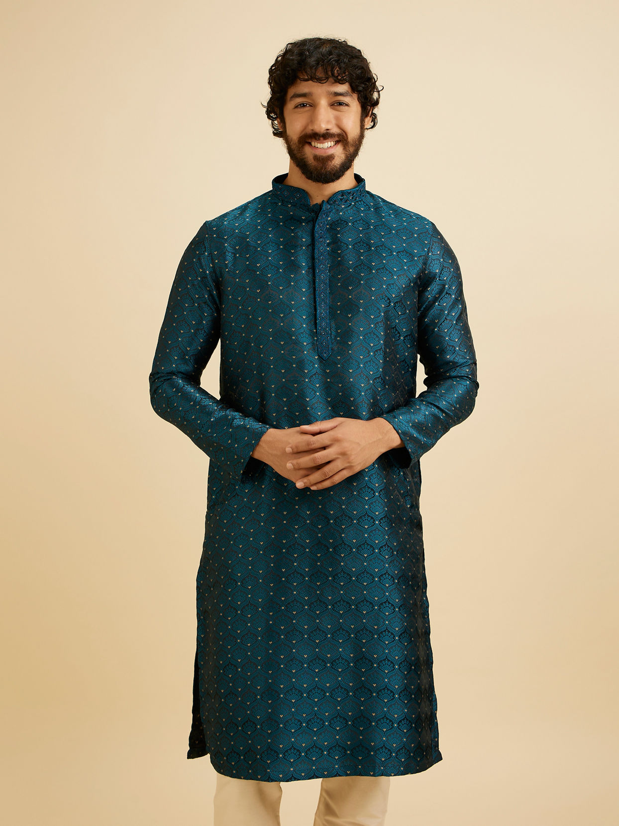 Manyavar Men Teal Blue Jaal Patterned Kurta Set with Floral Buta Motifs image number 0