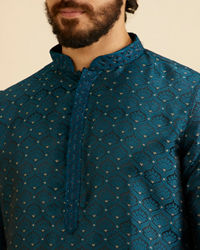 Manyavar Men Teal Blue Jaal Patterned Kurta Set with Floral Buta Motifs