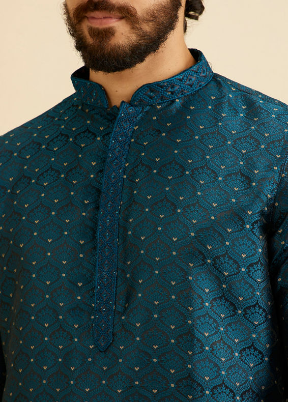 Manyavar Men Teal Blue Jaal Patterned Kurta Set with Floral Buta Motifs