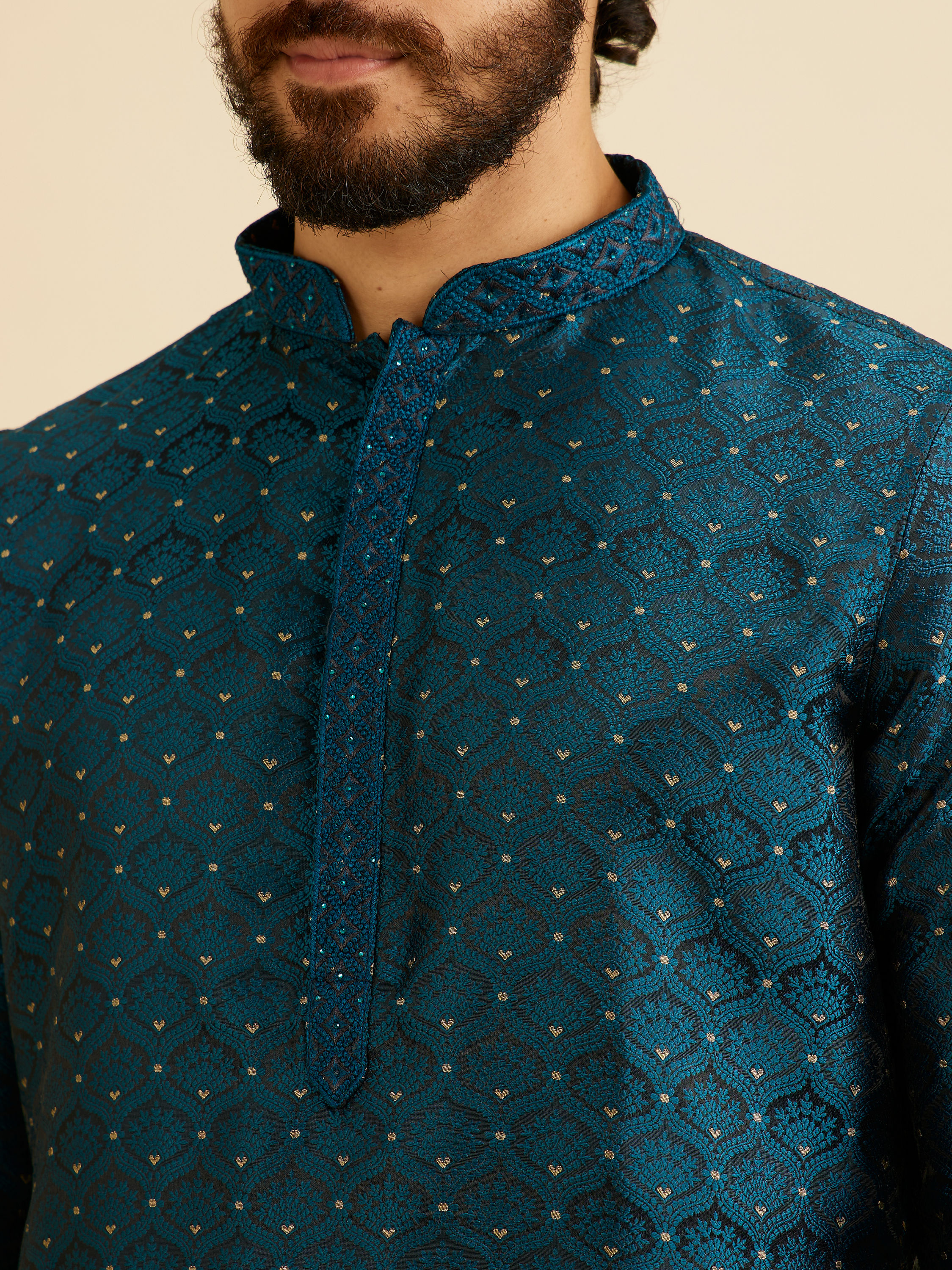 Manyavar Men Teal Blue Jaal Patterned Kurta Set with Floral Buta Motifs