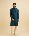 Manyavar Men Teal Blue Jaal Patterned Kurta Set with Floral Buta Motifs