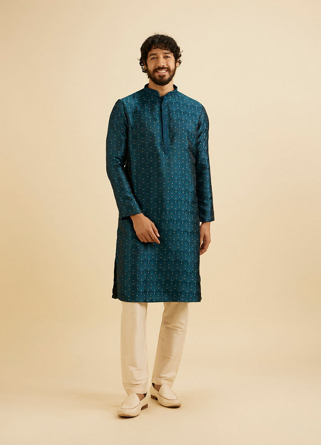 Manyavar Men Teal Blue Jaal Patterned Kurta Set with Floral Buta Motifs