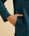 Manyavar Men Teal Blue Jaal Patterned Kurta Set with Floral Buta Motifs