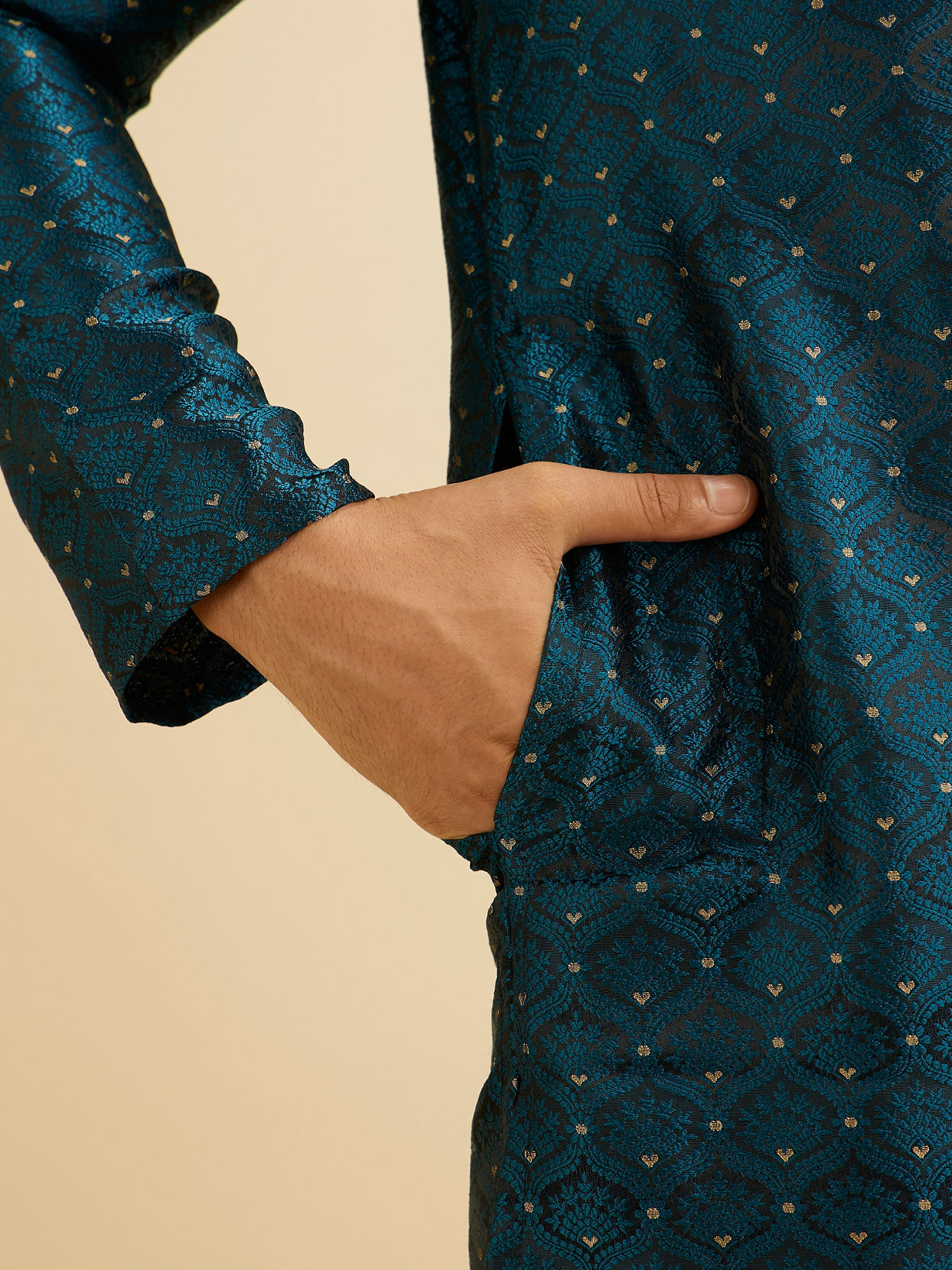 Manyavar Men Teal Blue Jaal Patterned Kurta Set with Floral Buta Motifs