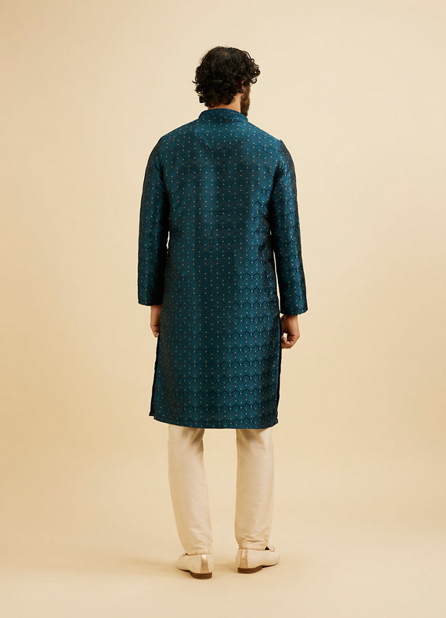 Manyavar Men Teal Blue Jaal Patterned Kurta Set with Floral Buta Motifs