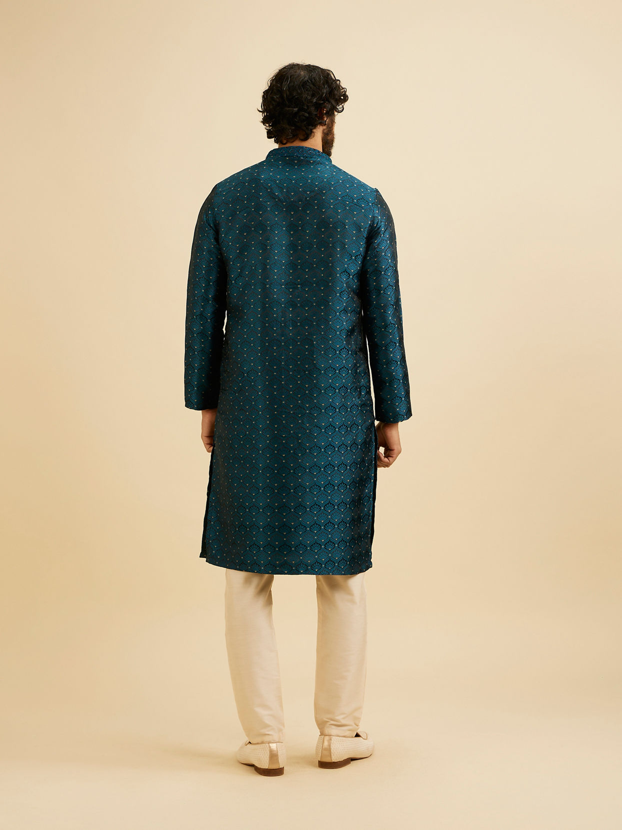 Manyavar Men Teal Blue Jaal Patterned Kurta Set with Floral Buta Motifs