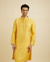 Manyavar Men Mustard Yellow Jaal Patterned Kurta Set with Floral Buta Motifs