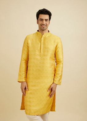 Manyavar Men Mustard Yellow Jaal Patterned Kurta Set with Floral Buta Motifs image number 0