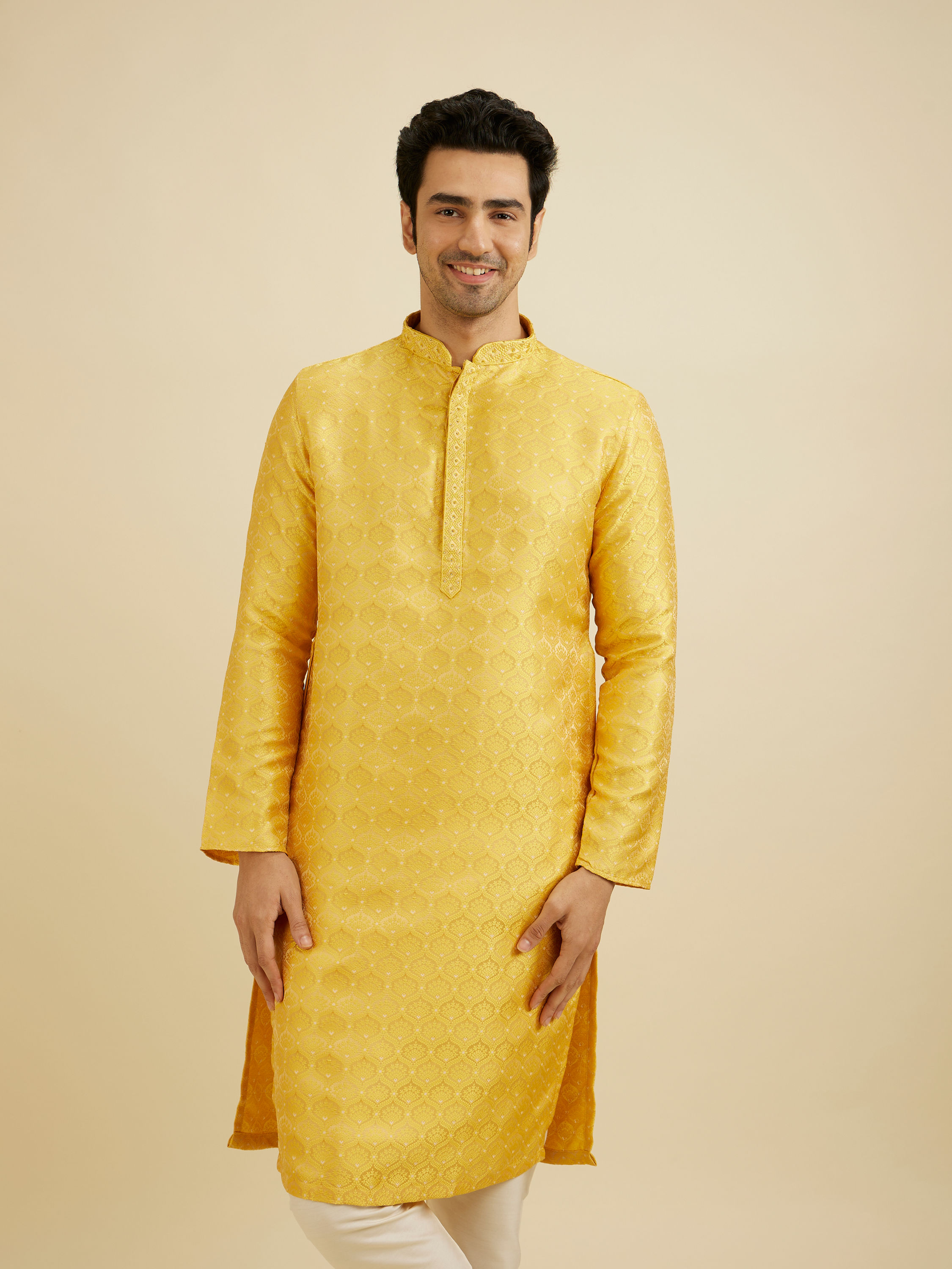 Manyavar Men Mustard Yellow Jaal Patterned Kurta Set with Floral Buta Motifs