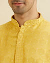 Manyavar Men Mustard Yellow Jaal Patterned Kurta Set with Floral Buta Motifs image number 1