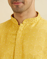 Manyavar Men Mustard Yellow Jaal Patterned Kurta Set with Floral Buta Motifs