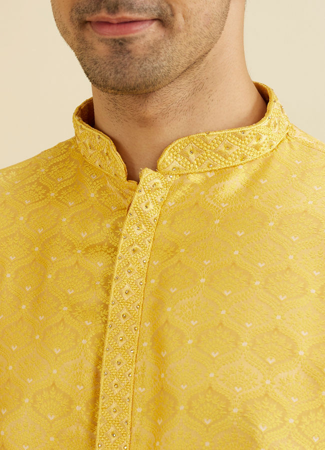 Manyavar Men Mustard Yellow Jaal Patterned Kurta Set with Floral Buta Motifs image number 1