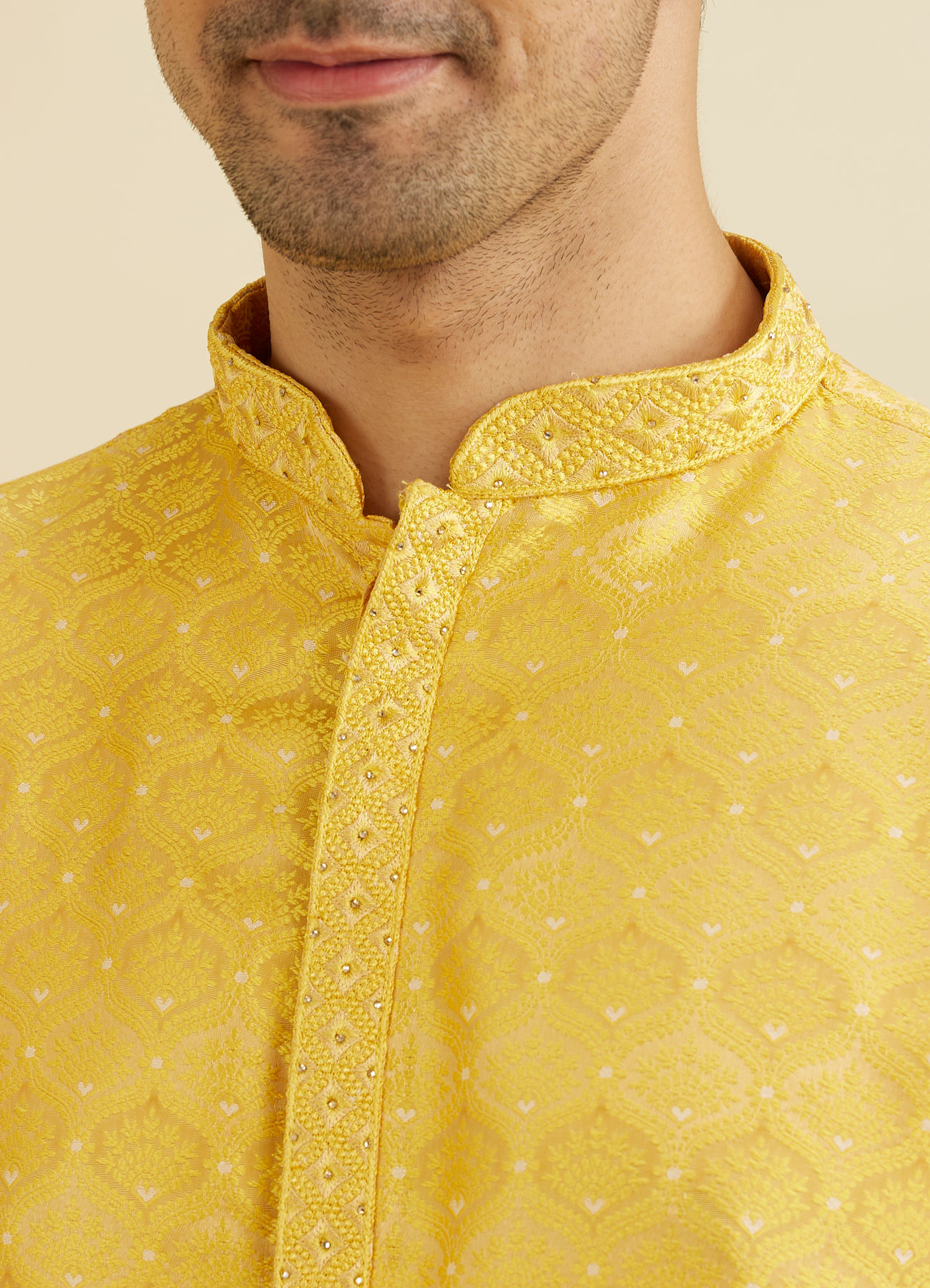 Manyavar Men Mustard Yellow Jaal Patterned Kurta Set with Floral Buta Motifs