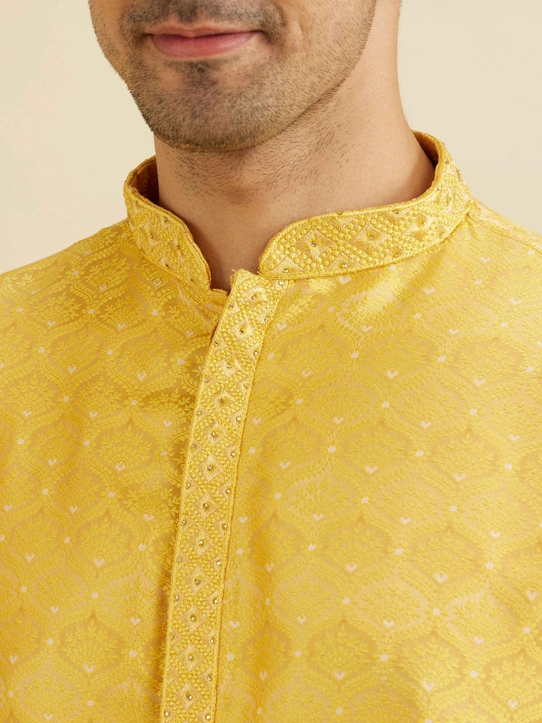 Manyavar Men Mustard Yellow Jaal Patterned Kurta Set with Floral Buta Motifs