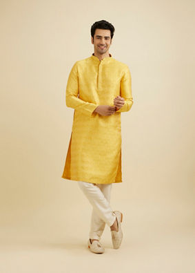 Manyavar Men Mustard Yellow Jaal Patterned Kurta Set with Floral Buta Motifs image number 2