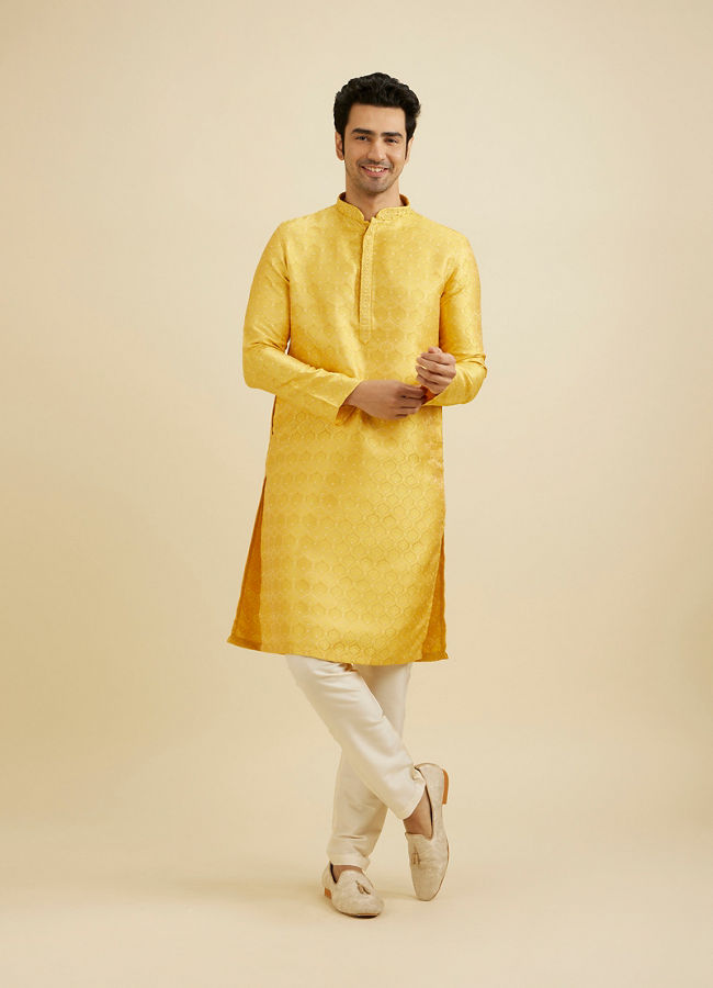 Manyavar Men Mustard Yellow Jaal Patterned Kurta Set with Floral Buta Motifs