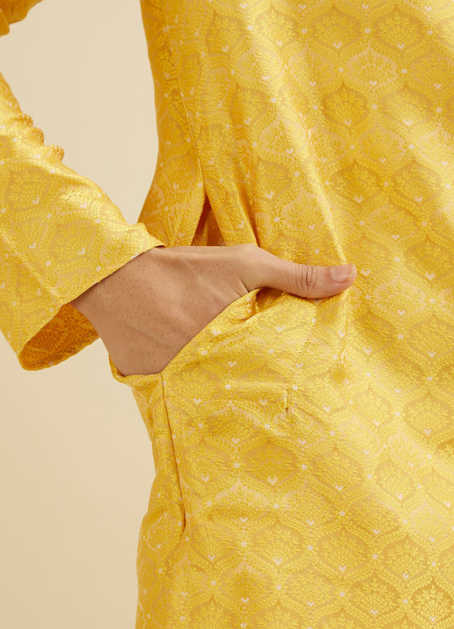 Manyavar Men Mustard Yellow Jaal Patterned Kurta Set with Floral Buta Motifs