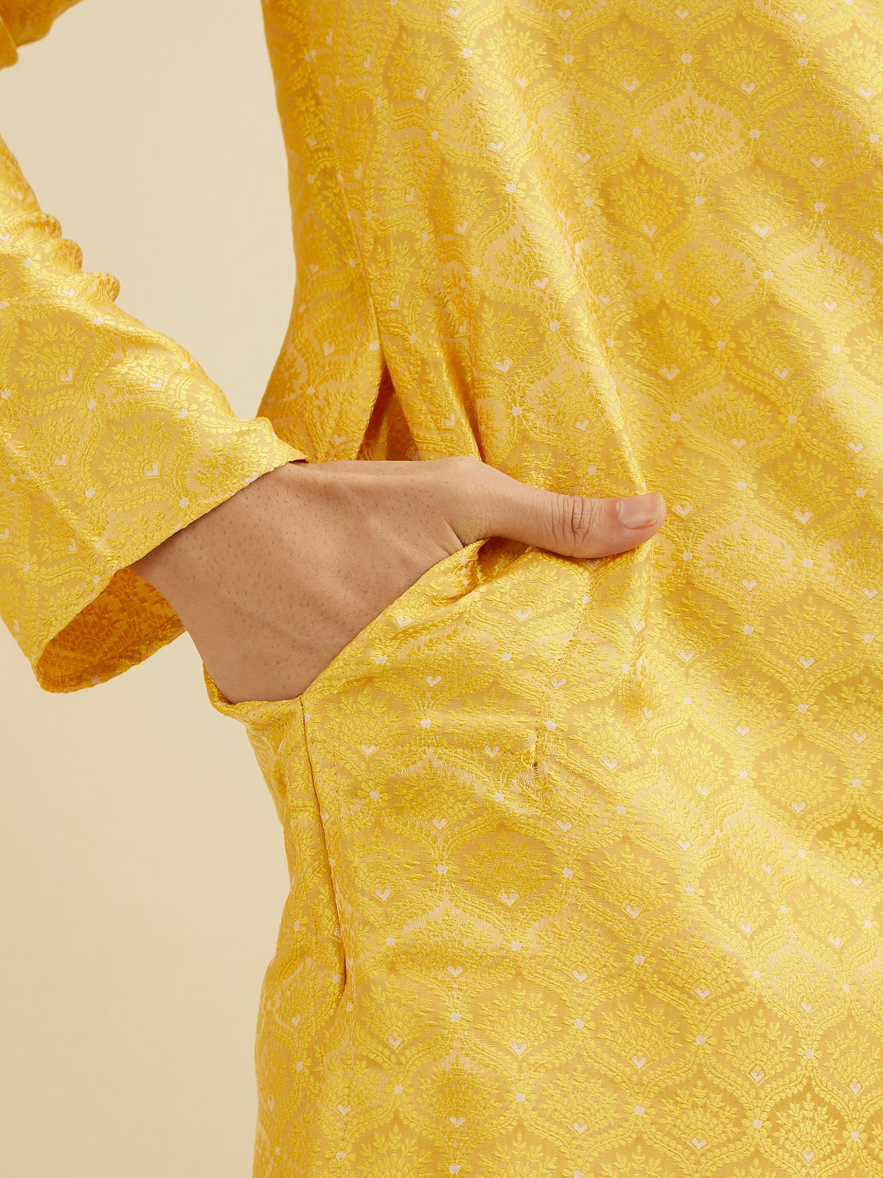 Manyavar Men Mustard Yellow Jaal Patterned Kurta Set with Floral Buta Motifs