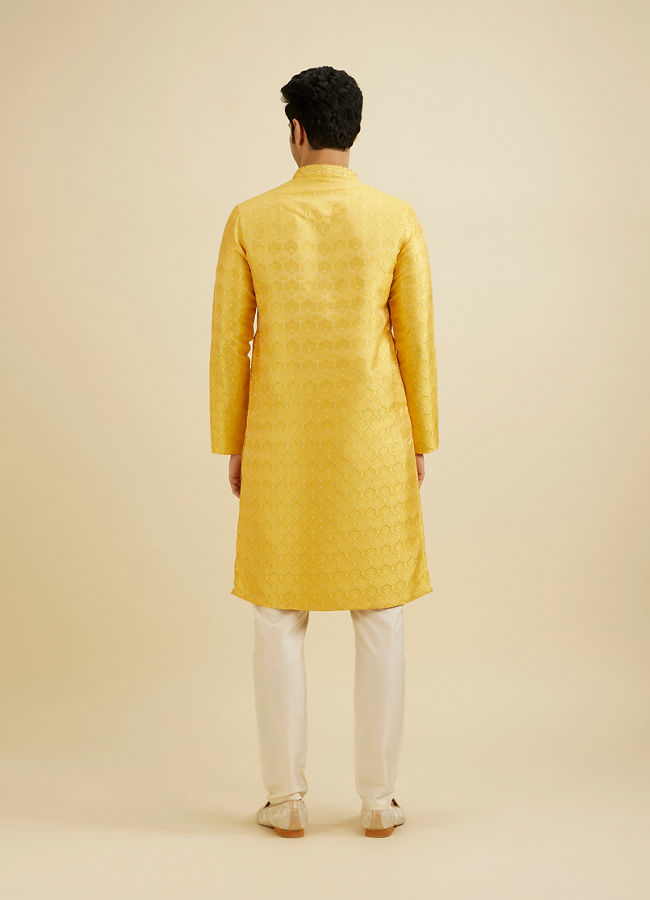 Manyavar Men Mustard Yellow Jaal Patterned Kurta Set with Floral Buta Motifs