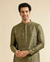 alt message - Manyavar Men Olive Green Jaal Patterned Kurta Set with Floral Buta Motifs image number 0