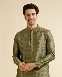 Manyavar Men Olive Green Jaal Patterned Kurta Set with Floral Buta Motifs