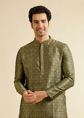 alt message - Manyavar Men Olive Green Jaal Patterned Kurta Set with Floral Buta Motifs image number 0