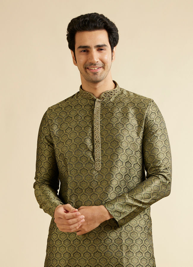 alt message - Manyavar Men Olive Green Jaal Patterned Kurta Set with Floral Buta Motifs image number 0