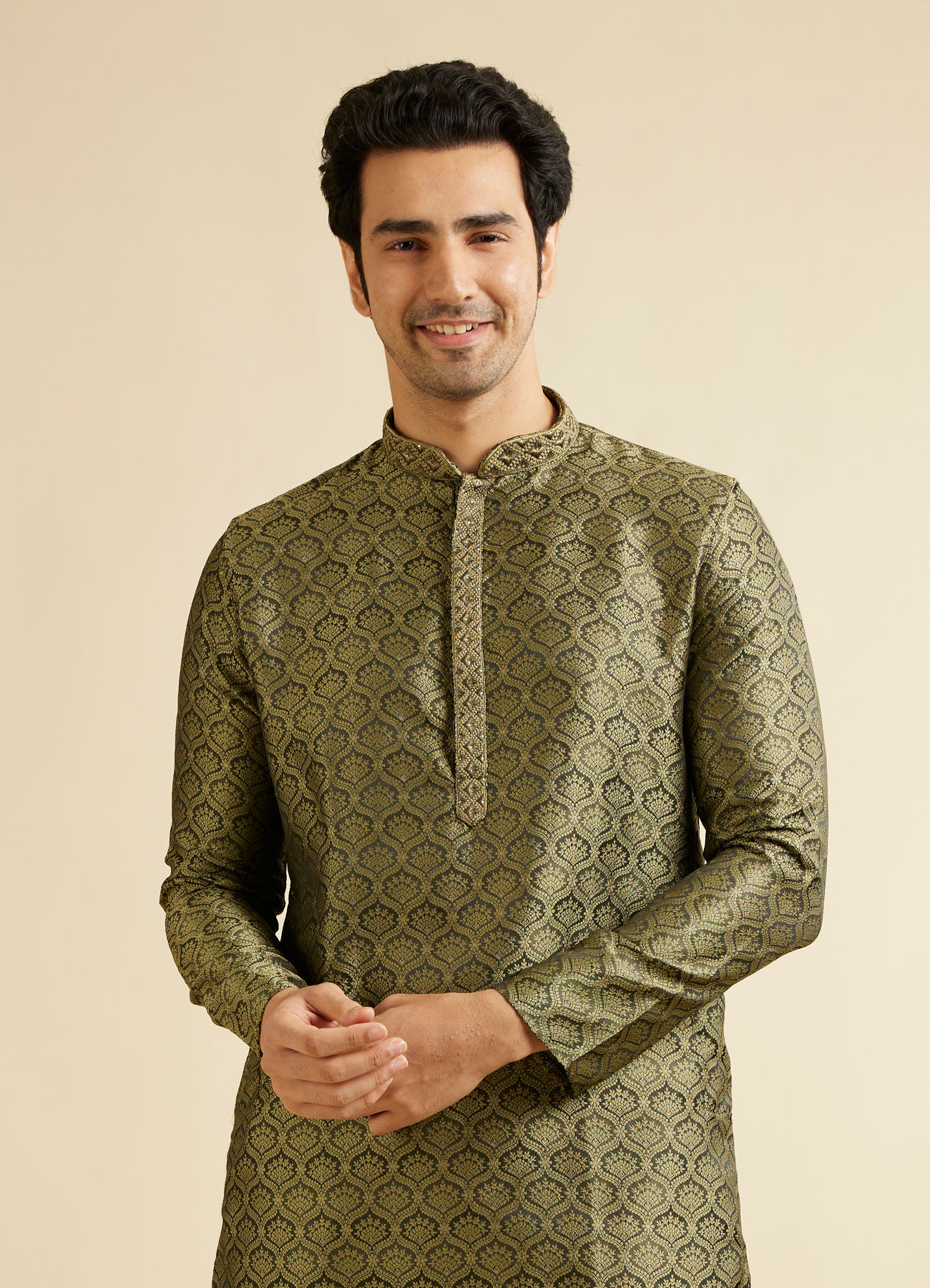 Manyavar Men Olive Green Jaal Patterned Kurta Set with Floral Buta Motifs