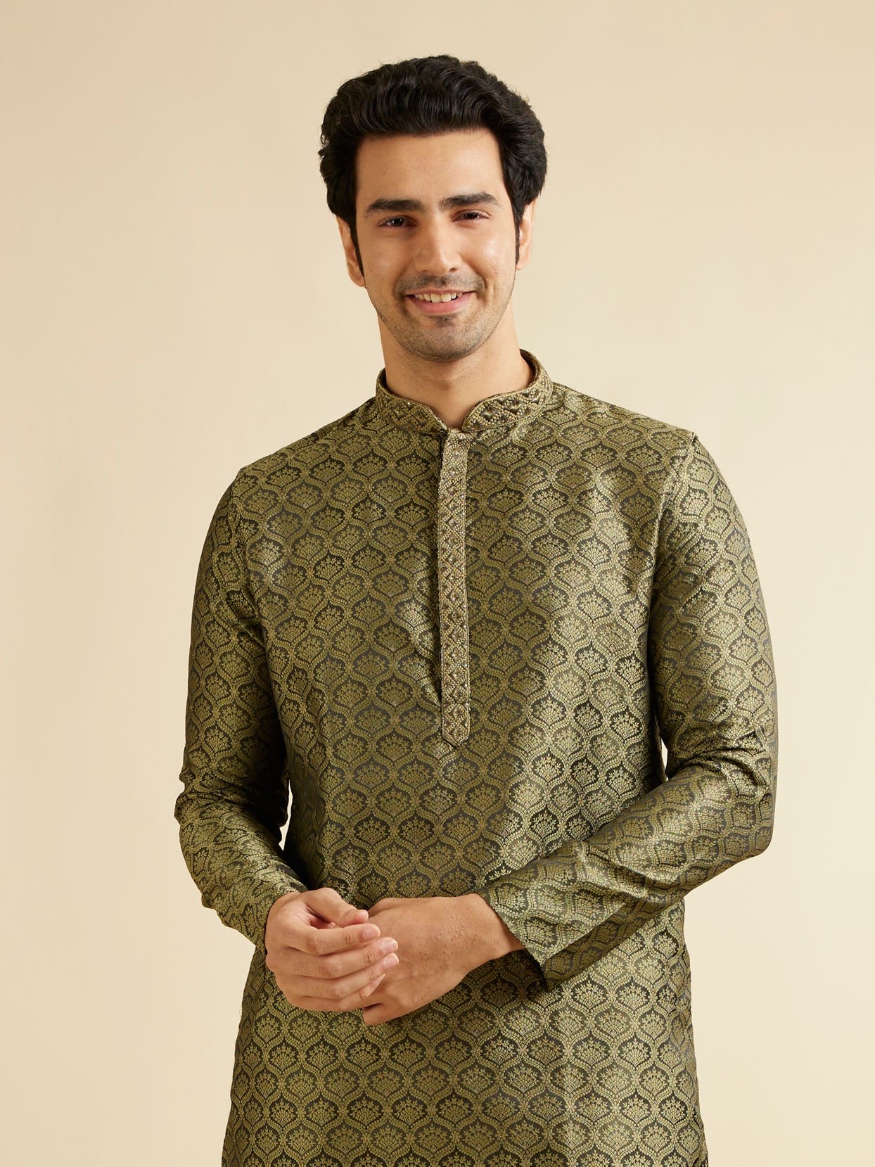 alt message - Manyavar Men Olive Green Jaal Patterned Kurta Set with Floral Buta Motifs image number 0