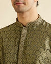 alt message - Manyavar Men Olive Green Jaal Patterned Kurta Set with Floral Buta Motifs image number 1