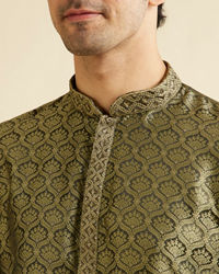 Manyavar Men Olive Green Jaal Patterned Kurta Set with Floral Buta Motifs