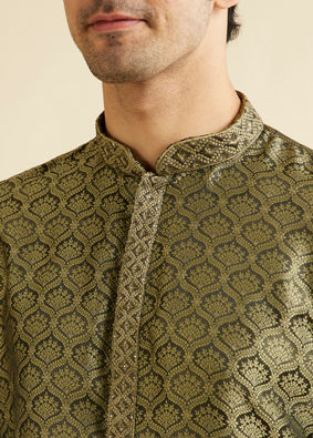 alt message - Manyavar Men Olive Green Jaal Patterned Kurta Set with Floral Buta Motifs image number 1