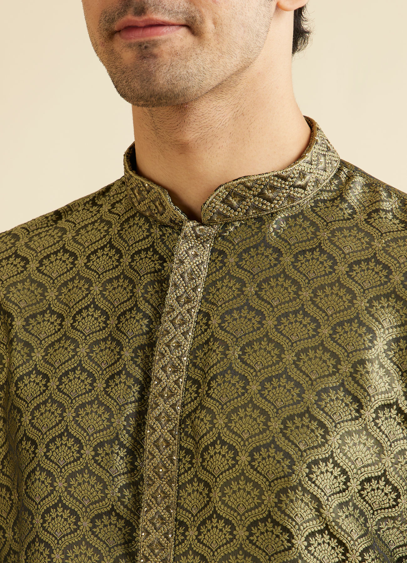 Manyavar Men Olive Green Jaal Patterned Kurta Set with Floral Buta Motifs