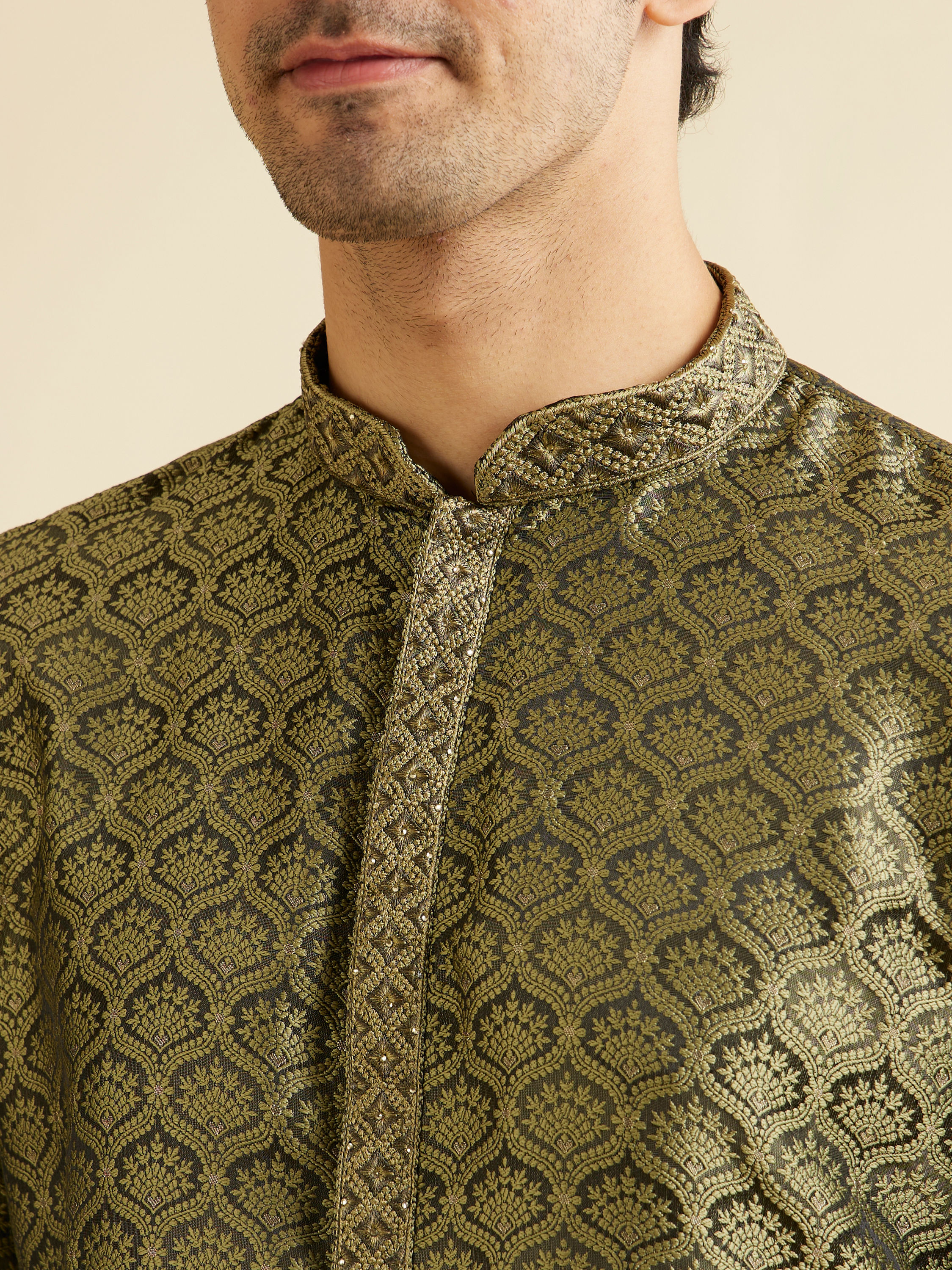 Manyavar Men Olive Green Jaal Patterned Kurta Set with Floral Buta Motifs