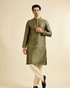Manyavar Men Olive Green Jaal Patterned Kurta Set with Floral Buta Motifs