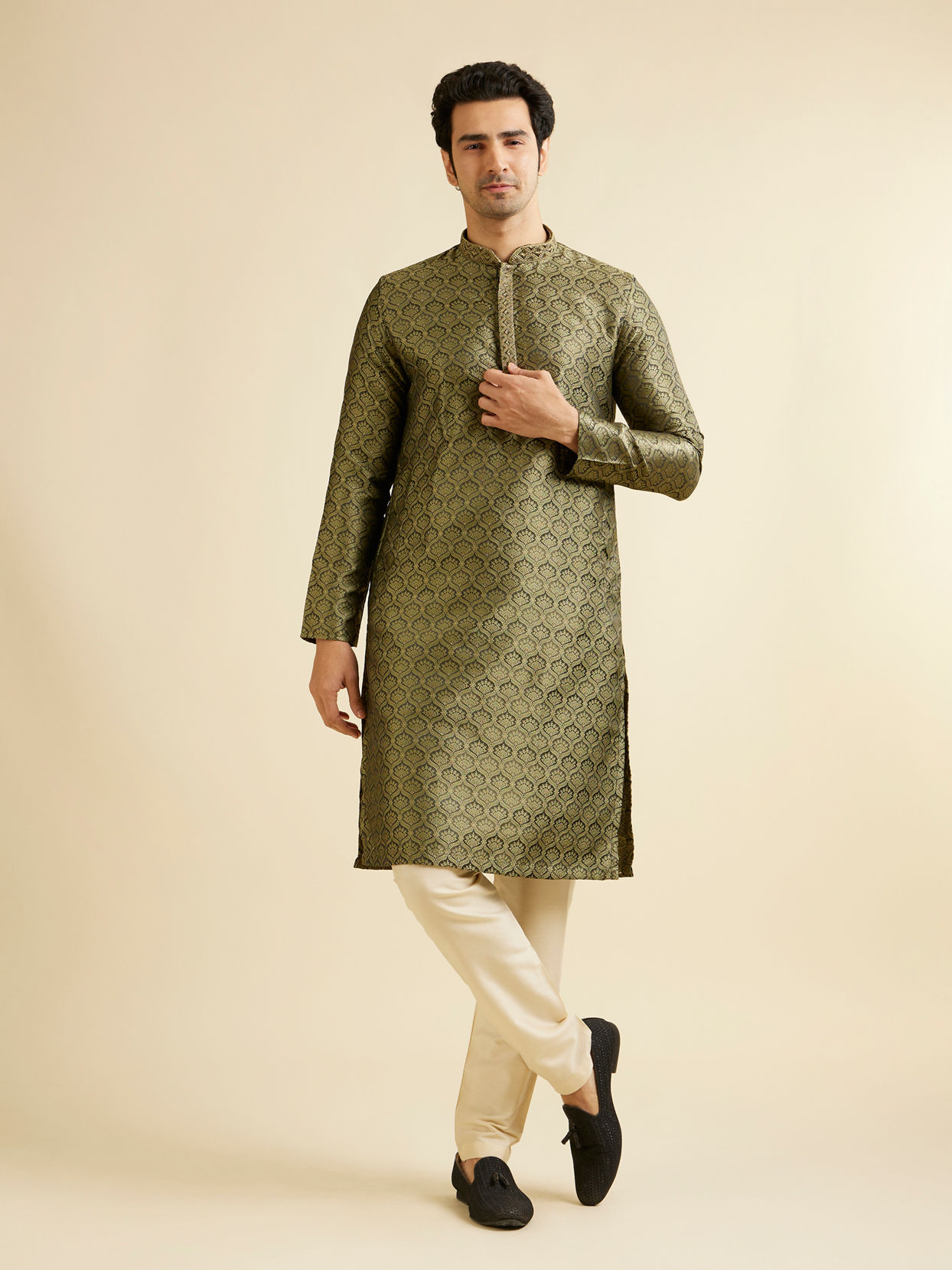 Manyavar Men Olive Green Jaal Patterned Kurta Set with Floral Buta Motifs
