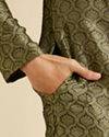 alt message - Manyavar Men Olive Green Jaal Patterned Kurta Set with Floral Buta Motifs image number 3