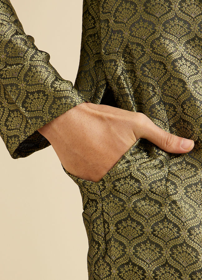 Manyavar Men Olive Green Jaal Patterned Kurta Set with Floral Buta Motifs