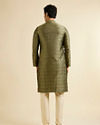 Manyavar Men Olive Green Jaal Patterned Kurta Set with Floral Buta Motifs