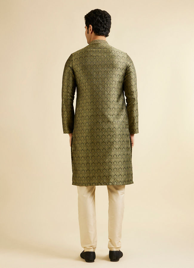 Manyavar Men Olive Green Jaal Patterned Kurta Set with Floral Buta Motifs