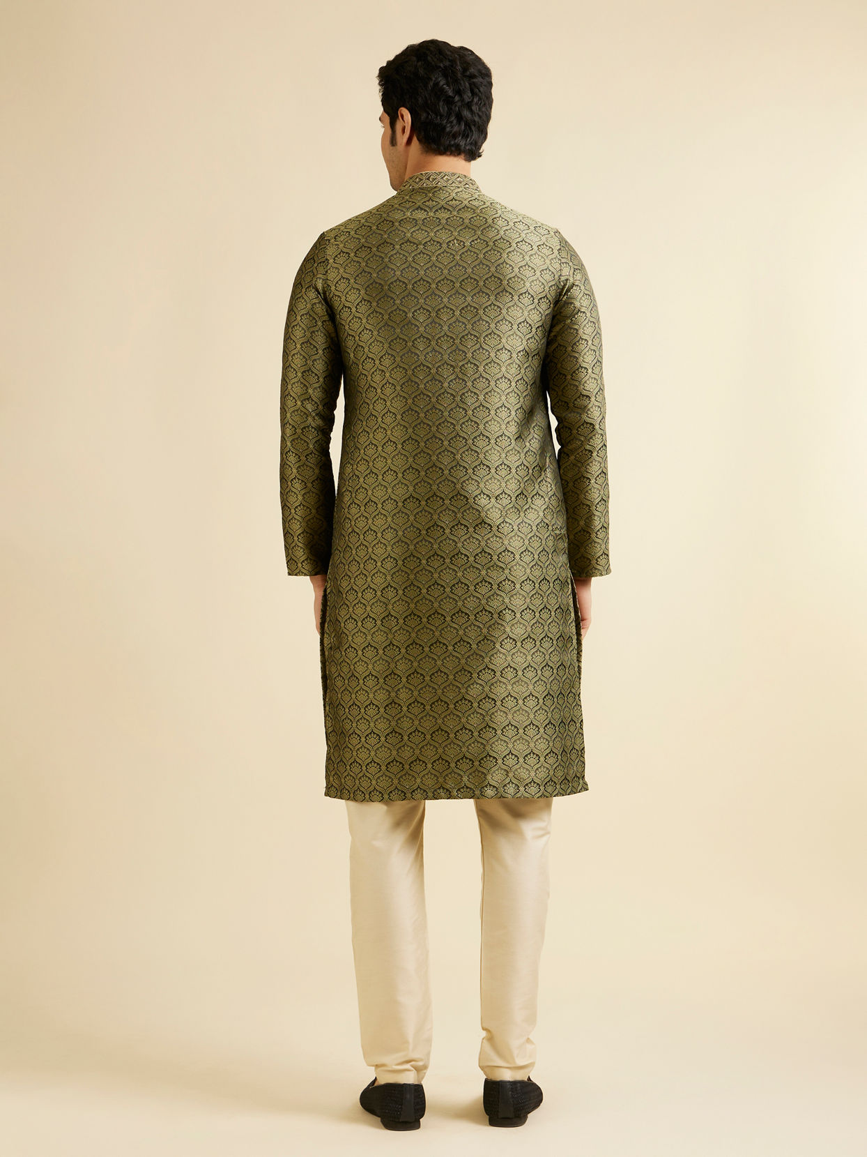 Manyavar Men Olive Green Jaal Patterned Kurta Set with Floral Buta Motifs