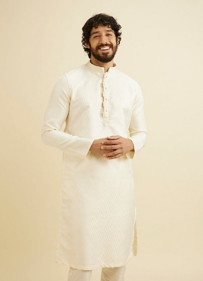 Manyavar Men Cream White Ikat Inspired Patterned Kurta Set