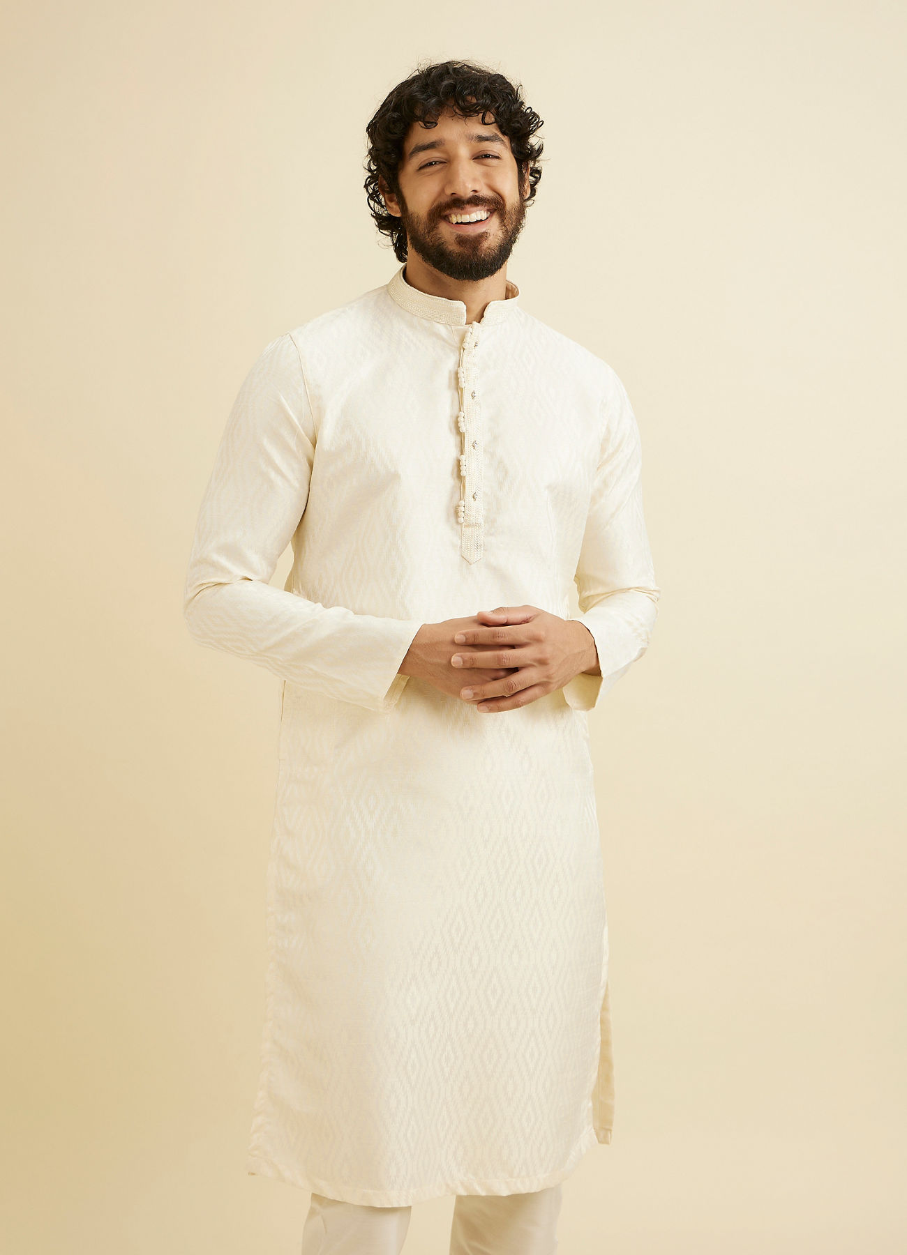 Manyavar Men Cream White Ikat Inspired Patterned Kurta Set