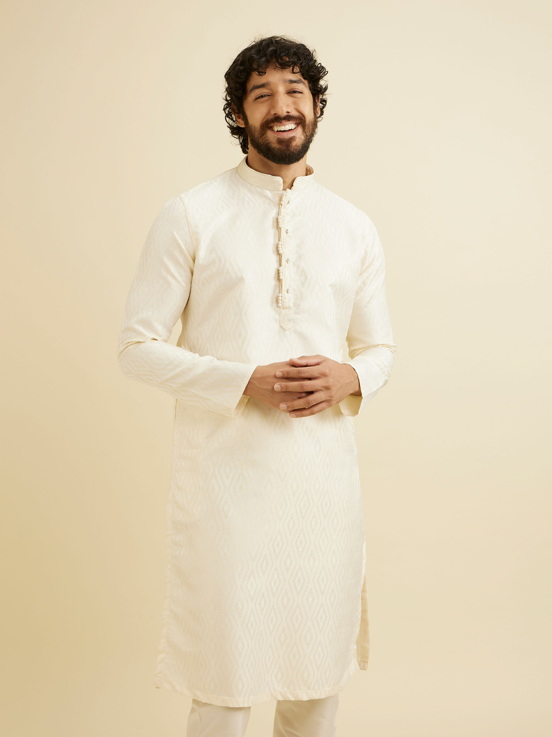 Manyavar Men Cream White Ikat Inspired Patterned Kurta Set