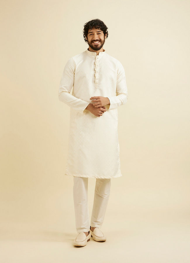 Manyavar Men Cream White Ikat Inspired Patterned Kurta Set