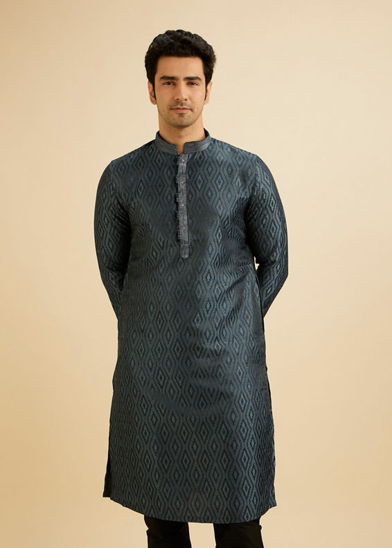 Manyavar Men Space Grey Ikat Inspired Patterned Kurta Set