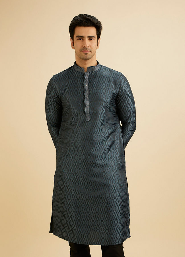 Manyavar Men Space Grey Ikat Inspired Patterned Kurta Set image number 0