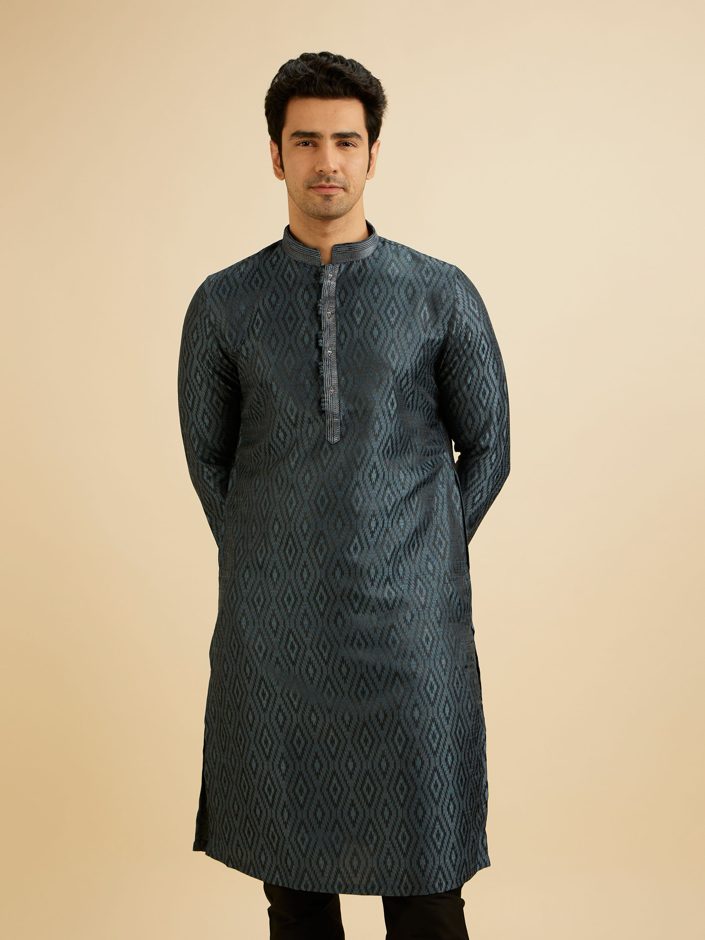 Manyavar Men Space Grey Ikat Inspired Patterned Kurta Set