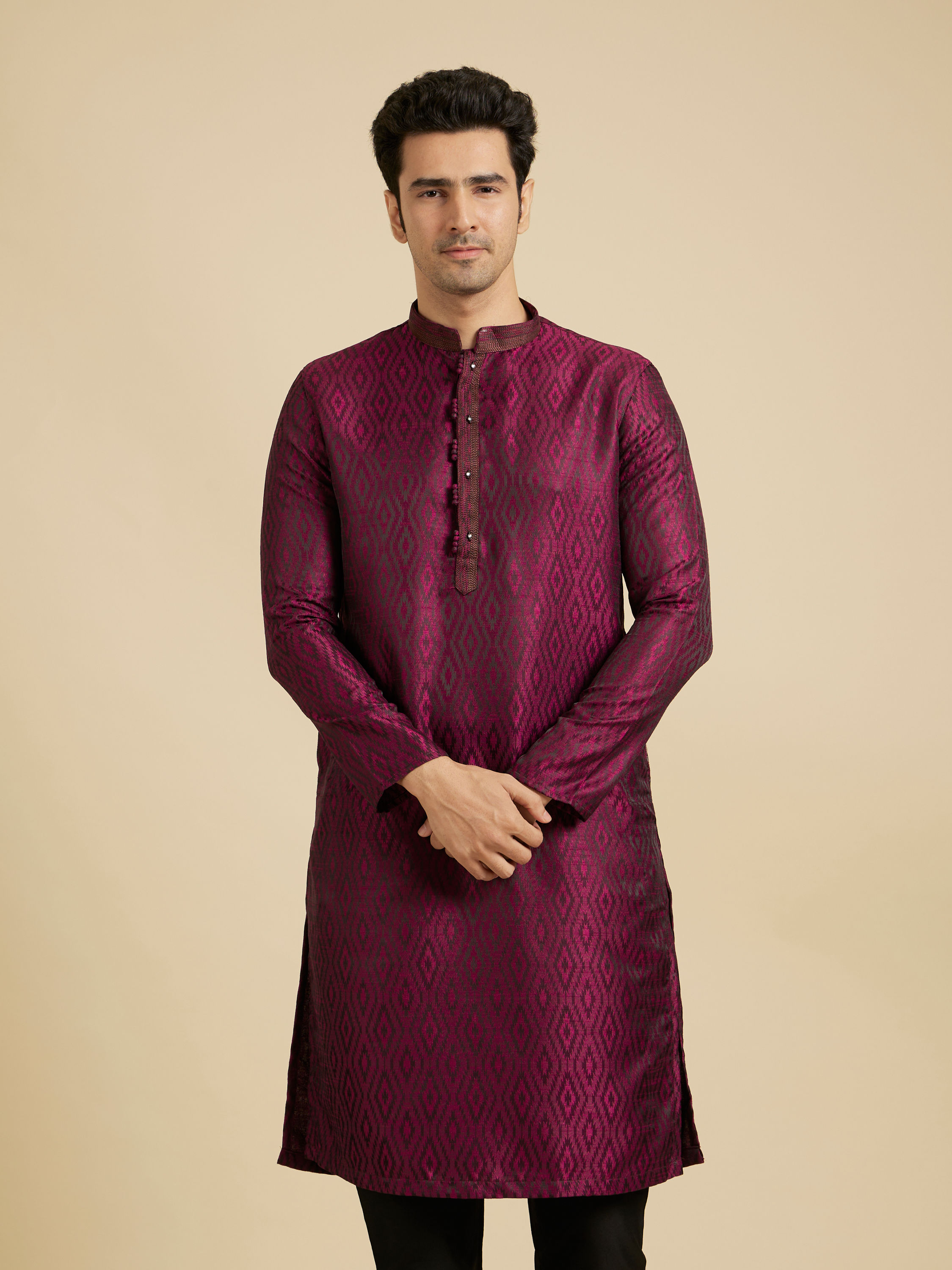 Manyavar Men Rani Pink Ikat Inspired Patterned Kurta Set